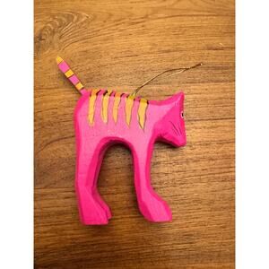 Vintage Colorful Pink Wood Cat Ornament